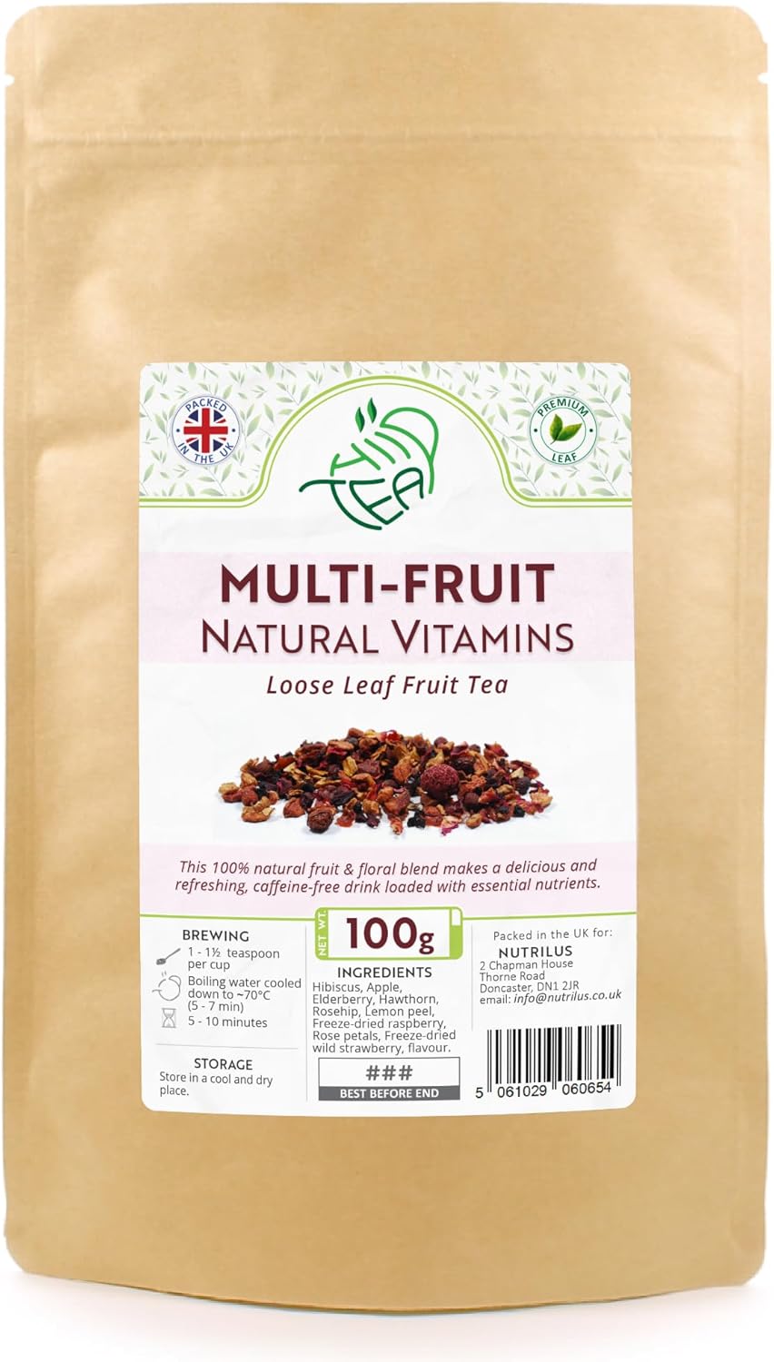 Multi-Fruit Loose Fruit & Herbal Tea - Natural Vitamins – Mix of Fruits and Flowers – Immune System & Metabolism – Hibiscus & Apple & Elderberry & Rose & Lemon Peel & Raspberry & More (100g)