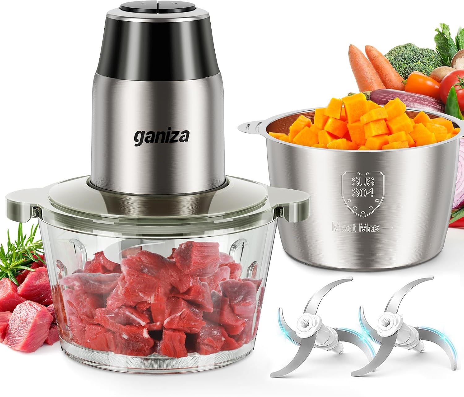 Ganiza Food Processors with 2 Bowls, 450W Meat Grinder Vegetable Chopper