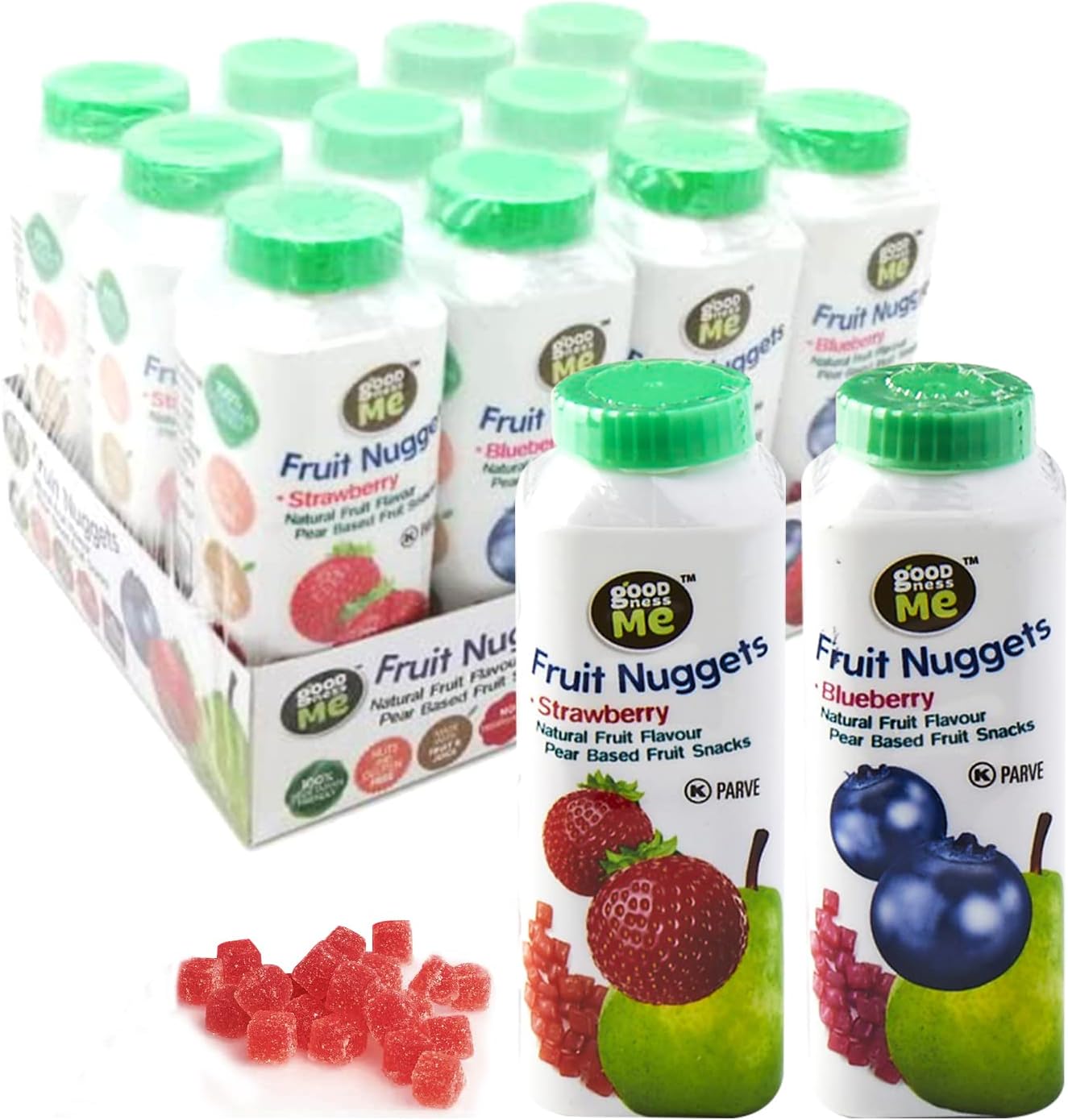 Goodness Me Fruit Nuggets Bottles 12 x 43g - Healthy Snacks for Kids - Vegan & Gluten Free - Made from Real Fruit Juice and Puree - Strawberry and Blueberry, 12-Pack