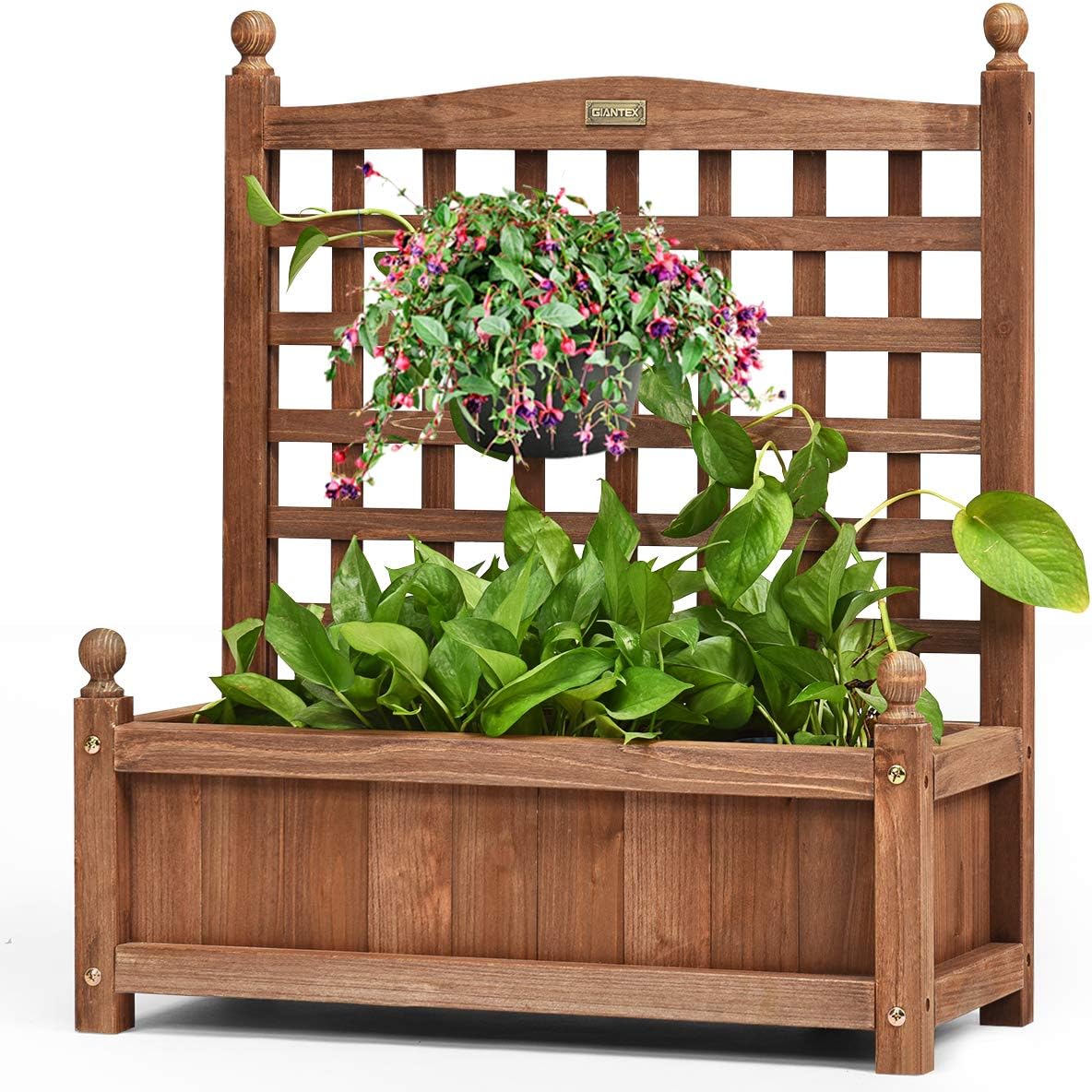 Wood Planter Box, Weather-Resistant Garden Trough Planter with Trellis and Drain Holes, Climbing Flower Plant Stand for Indoor & Outdoor (64 x 28 x 75cm)