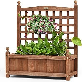 Wood Planter Box, Weather-Resistant Garden Trough Planter with Trellis and Drain Holes, Climbing Flower Plant Stand for Indoor & Outdoor (64 x 28 x 75cm)