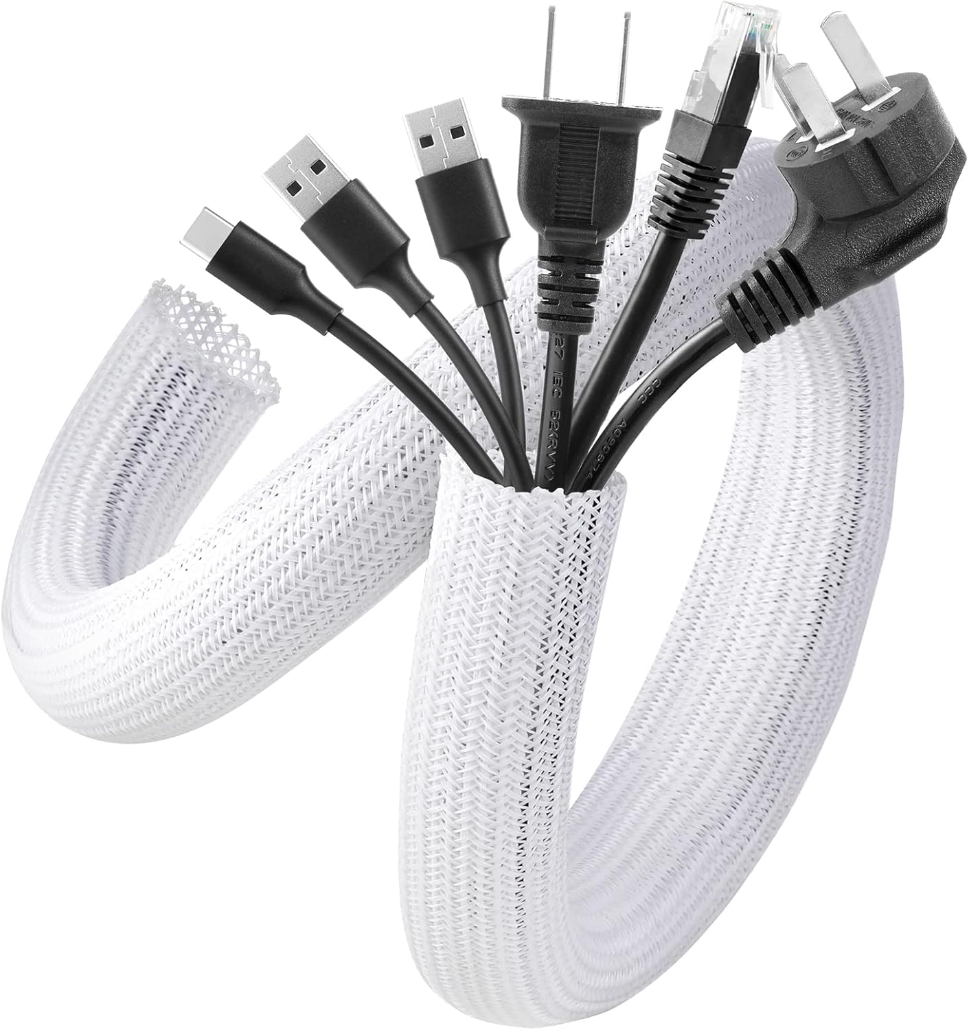 AGPTEK White Cable Sleeve Cover, 2 Pack 5ft - 1.2 inch Cord Management Wire Organizer Under Desk, Home Office Computer Wire Cover Hider Cord Protector, Protect Pet Cat Dog from Chewing, White