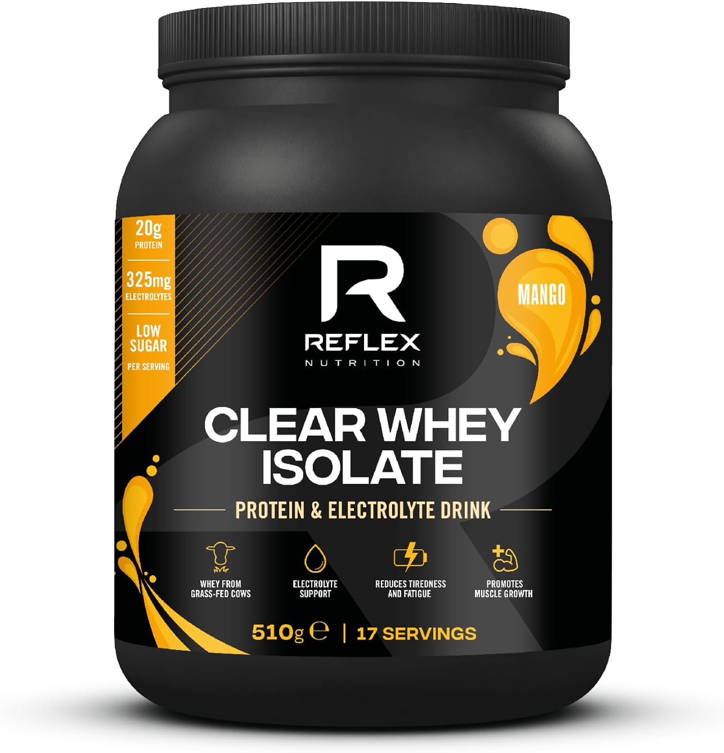 Reflex Nutrition Clear Whey Isolate Protein Powder - 20g of Protein, Low Sugar, Low Fat - Muscle Growth & Hydration - Light and Refreshing - Fruit Juice Style Flavours (Mango, 510g, 17 Servings)