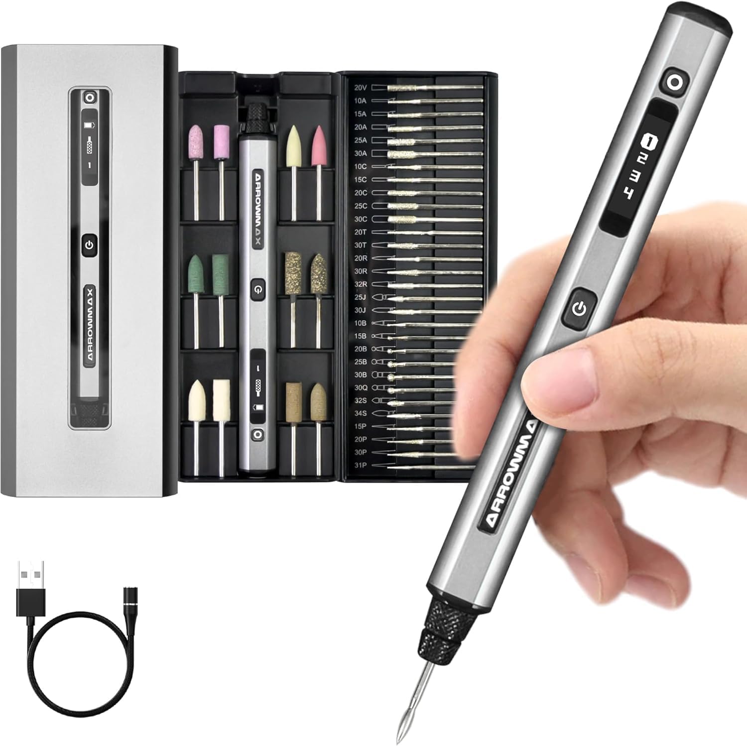 ARROWMAX Mini Electric Engraving Pen, HollowCup Motor, 42 Bits with Aluminum Case, OLED, Magnetic Charge, Mini Rotary Tool, Cordless Engraving Pen for Jwelry, Metal, Wood, Glass and Plastic (SGS)