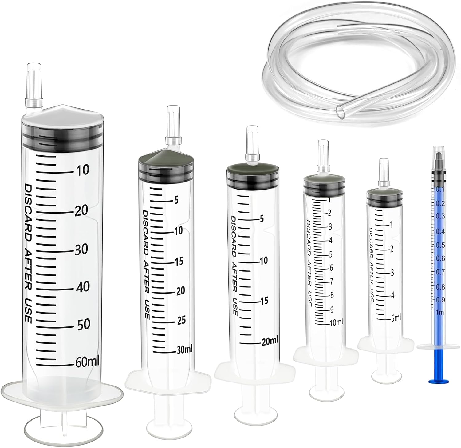 6pc Syringe Kit - 1ml, 5ml, 10ml, 20ml, 30ml, 60ml Plastic Syringes with Caps for Measuring Liquids in Science Labs, Plant Watering, Pet Feeding