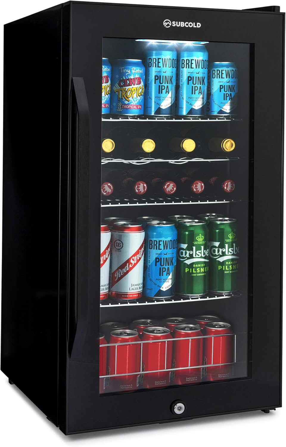 Subcold Ace90 LED Touch Control Beer Fridge With Glass Door | Premium Drinks & Wine Fridge | Black Alu Handle, Auto Defrost, Lockable | 91 Cans | Ideal for Home Bar Undercounter
