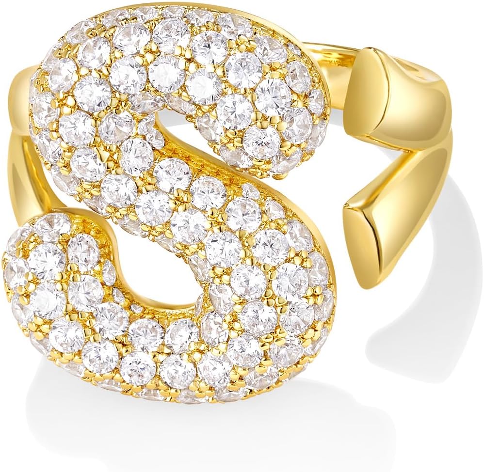 KissYan Bubble Initial Ring for Women, 14k Gold Plate Balloon Jumbo Letter Rings Open Adjustable Dainty Pave CZ Personalized Fashion Trendy Statement Jewelry Gift