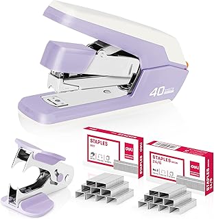 Deli Effortless Desktop Stapler, Heavy Duty Stapler, 40-50 Sheet Capacity, One Finger, No Effort, Includes Staples & Staple Remover, Violet