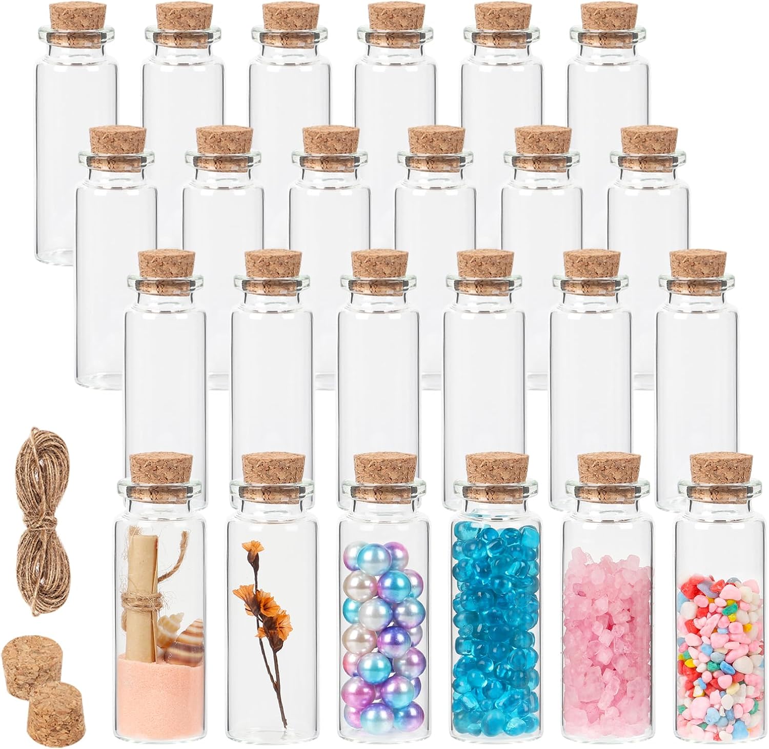 12 ml Small Glass Bottles with Cork, 24 Pack Mini Vials with Twine & Extra Cork Stoppers, Tiny Glass Bottles for Theme Party, Sand