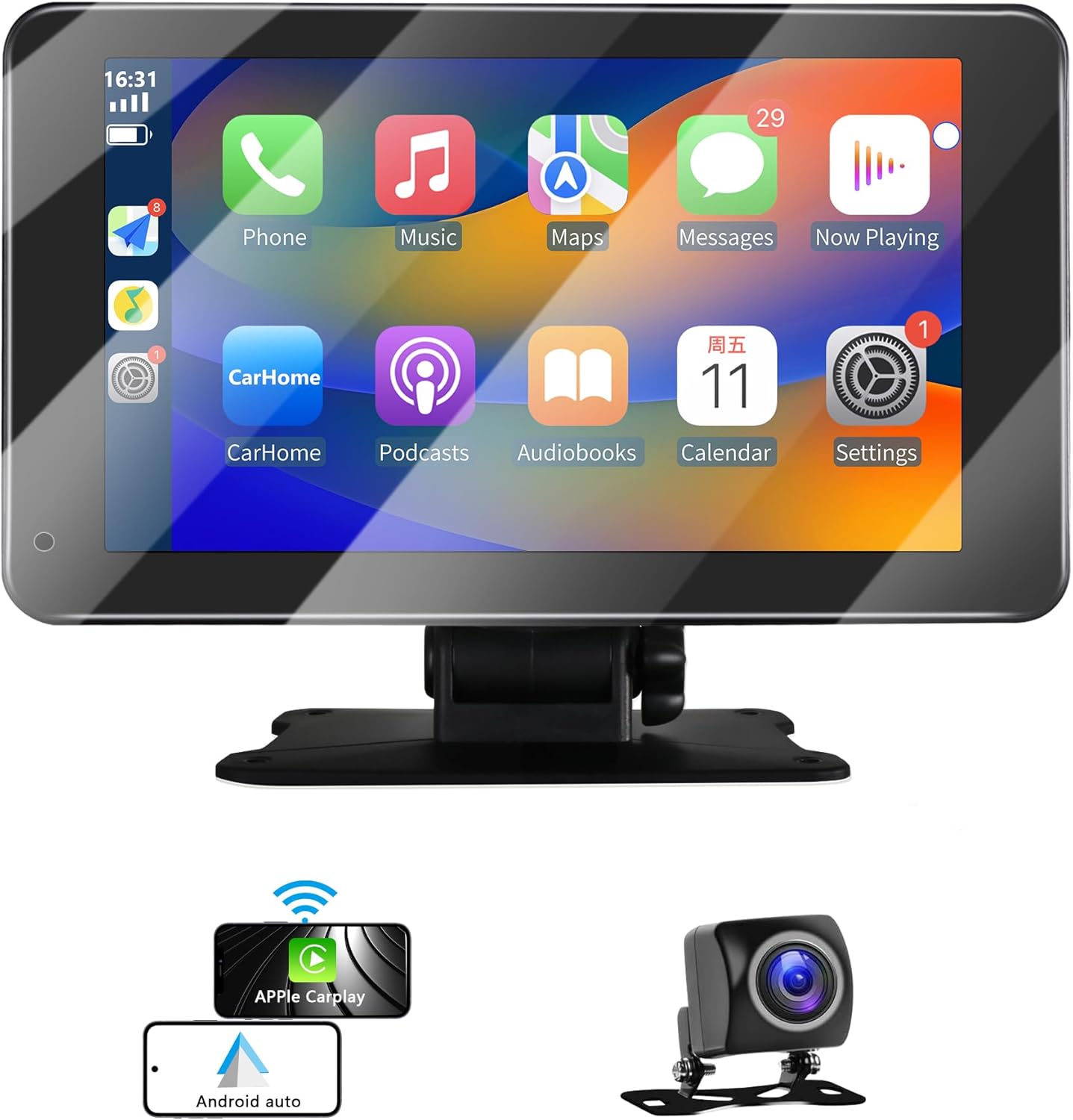 Apple Carplay,Portable Wireless Apple Car Play and Android Auto, 7'' Touch Screen Car Stereo,Car Radio with Backup Camera,Wireless AirPlay,Mirror Link,Bluetooth 5.0 Handsfree/FM/AUX/MIC/USB/TF