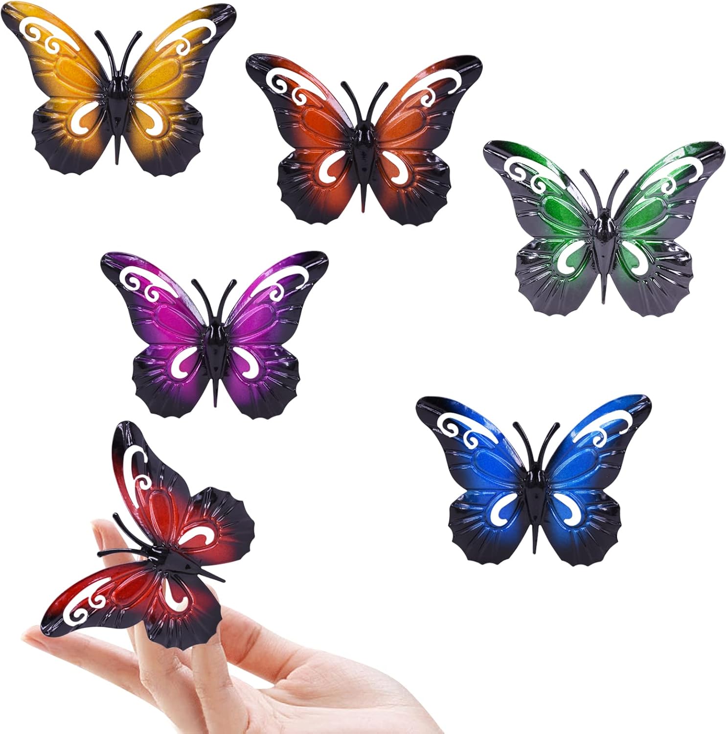 Karjiaja 6 PCS Metal Garden Butterfly Wall Art Hanging Butterfly Decoration Outdoor Garden Butterfly Ornaments Fence Hangers Butterfly Wall Sculptures for Indoor Sheds Walls Fences Home Patio Yards