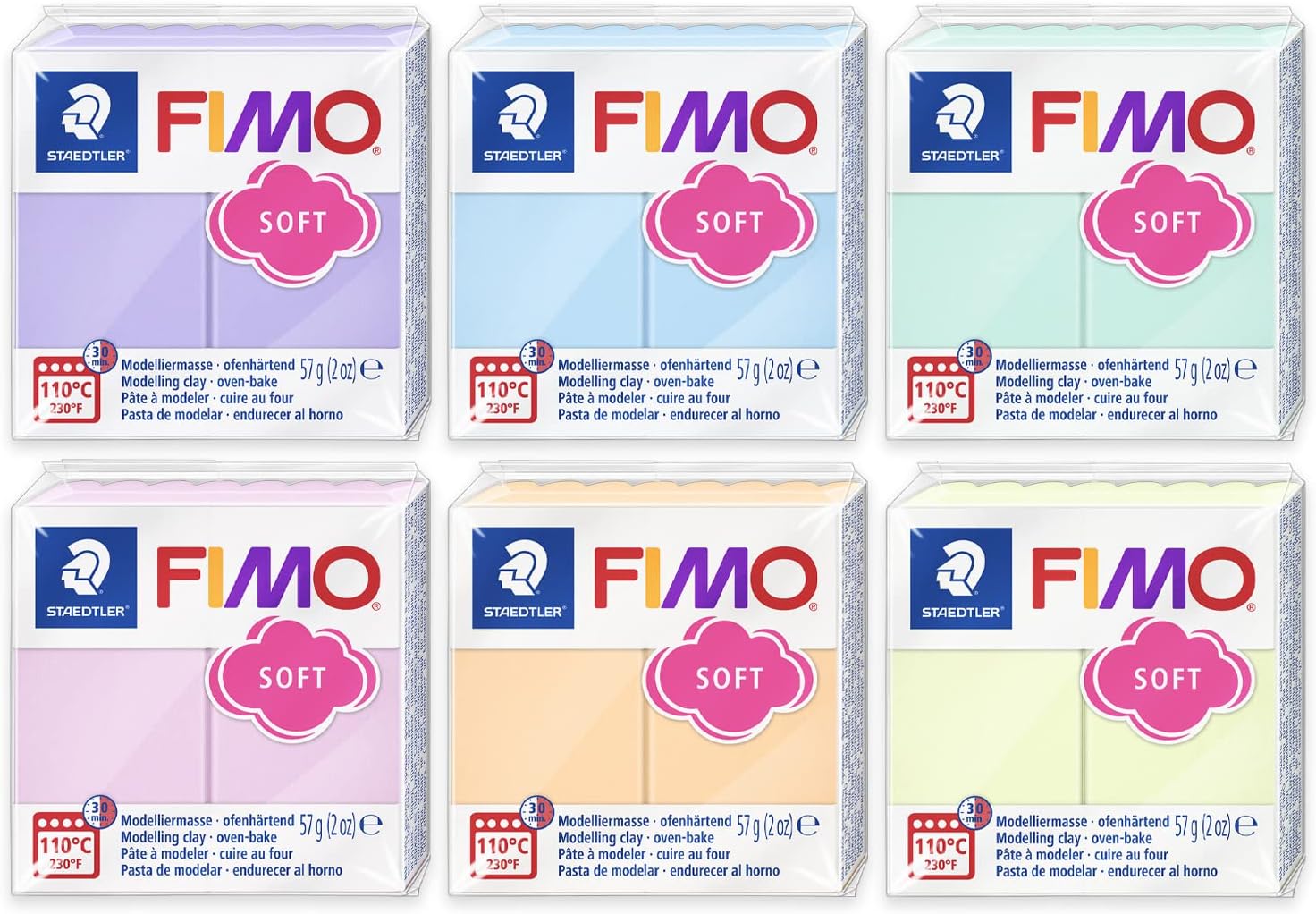 FIMO Effect Polymer Oven Modelling Clay - 57g - Set of 6 - Pastel Finish