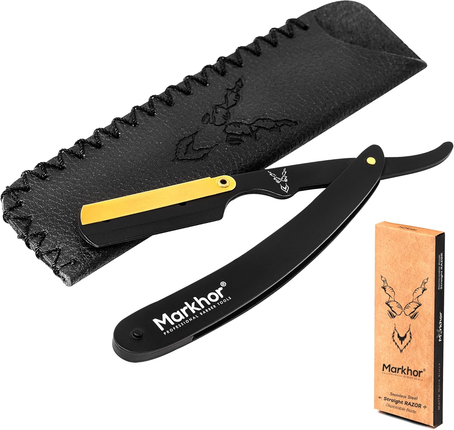 MARKHOR® Cut Throat Razor, Matte Black with 24K Gold Plated Straight Razor, Professional Barber Premium Quality Straight Edge Moustache & Beard Shaving Razor