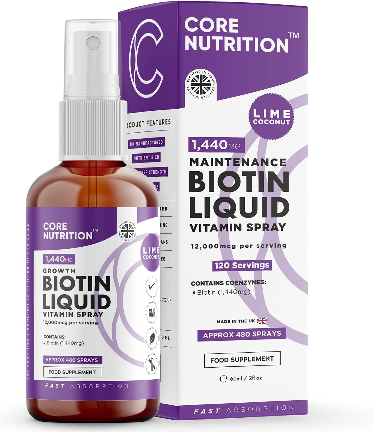 Biotin Liquid Spray - Vegan - High Strength 12,000mcg per Serving - Hair, Nail & Skin Health Supplement - 4 Month Supply - 120 Servings - 60ml Spray - Vitamin B7 - Made in UK by Core Nutrition