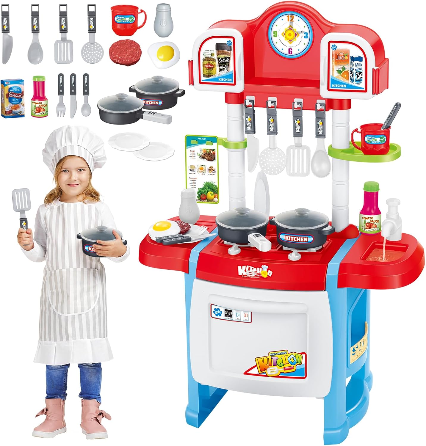 deAO Kids Play Kitchen Set with Lights, Sounds & Running Water, 18 PCS Kitchen Accessories Pretend Play Cooking Games Toy for Toddlers Ages 3+ (Red)