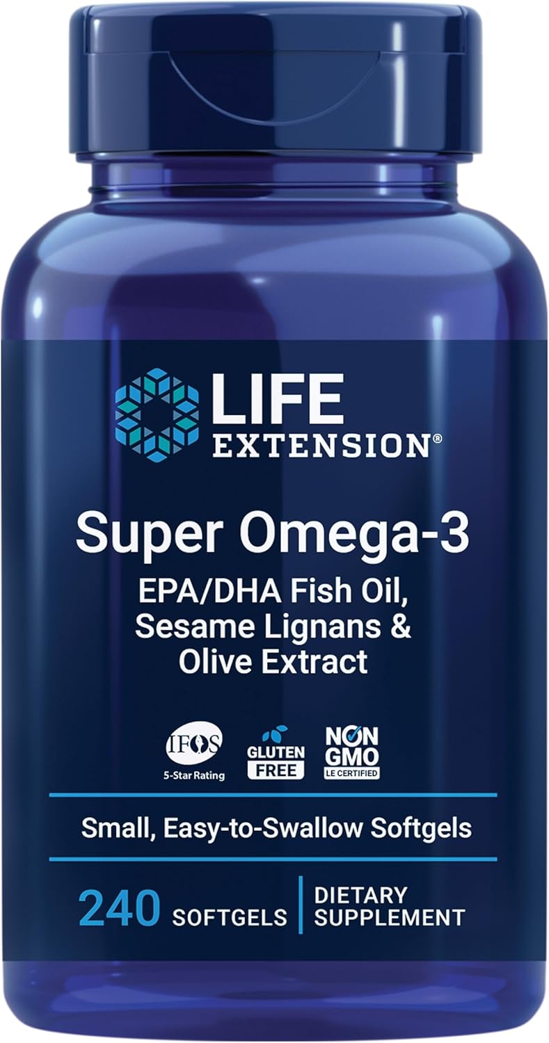 Life Extension Super Omega-3 EPA/DHA Fish Oil, Sesame Lignans & Olive Extract – Heart Health, Brain Health, Inflammation Health Support, Gluten-Free, Easy to Swallow, Non-GMO, 240 Softgels
