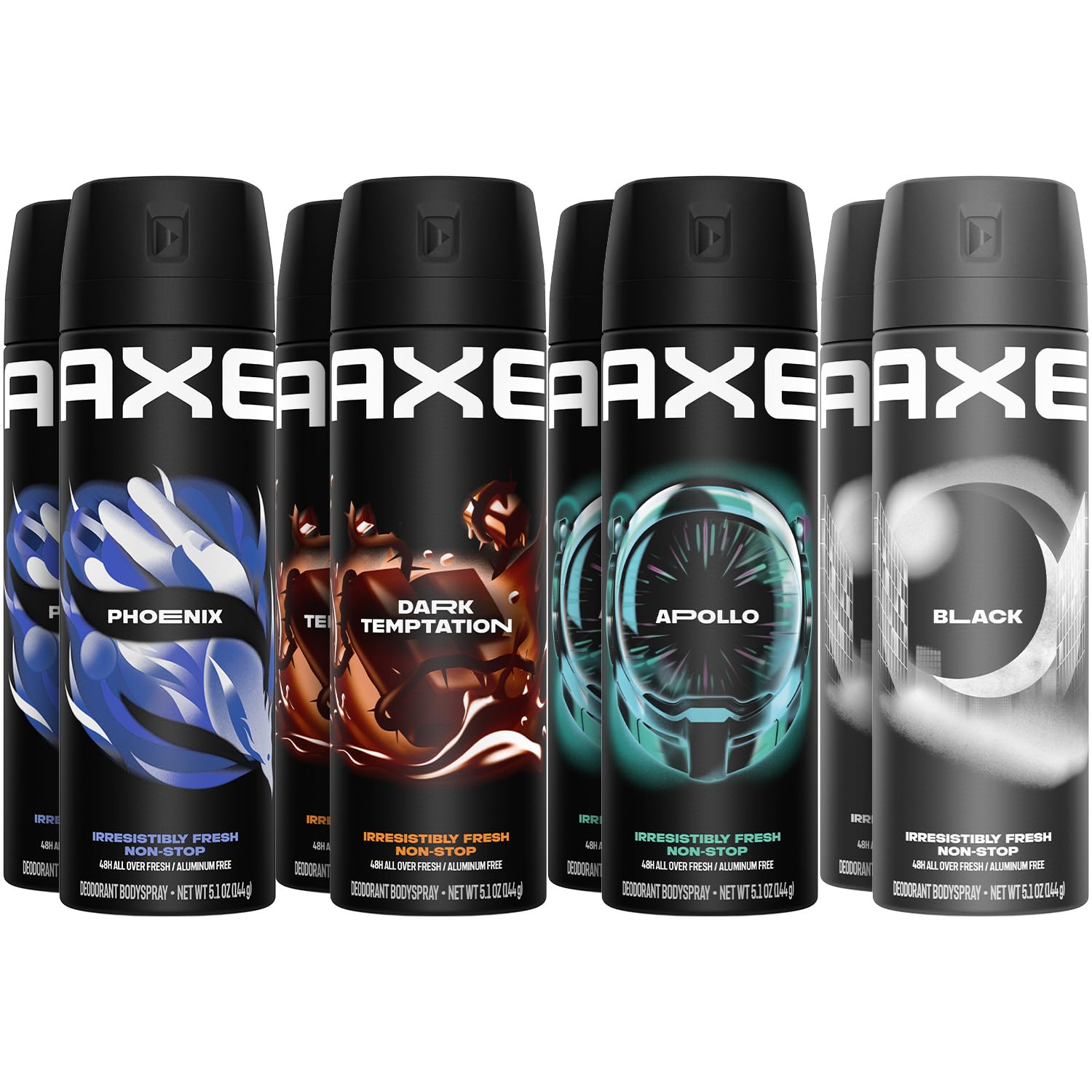 AXE Aluminum-Free Body Spray XL Variety 8-Pack, Dark Temptation, Black, Apollo, Phoenix, 48H Odor Protection, 5.1 Fl Oz Ea