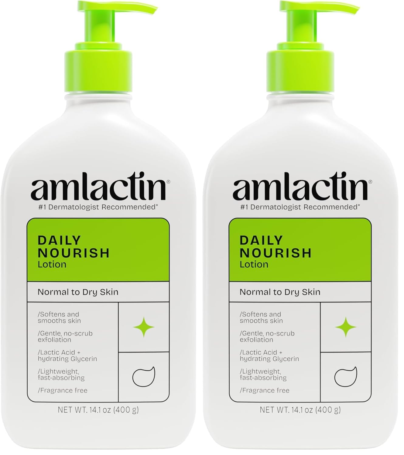 AmLactin Daily Nourish Therapeutic Body Lotion for Dry Skin - No-Scrub Exfoliator and Moisturizer 12% Lactic Acid Lotion,14.1 oz (Packaging May Vary),(Pack of 2)