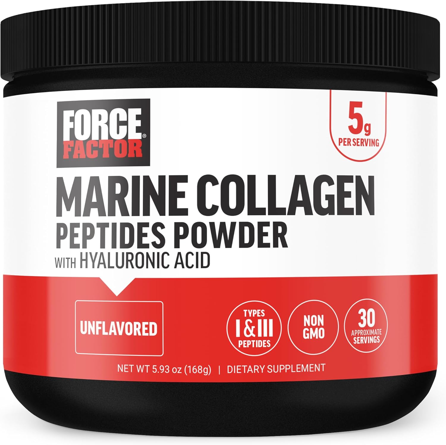 FORCE FACTOR Marine Collagen Powder for Women and Men, Marine Collagen Peptides Type I & III with Hyaluronic Acid to Support Healthy Hair, Skin, Nails, Bones, and Joints, Unflavored, 30 Servings