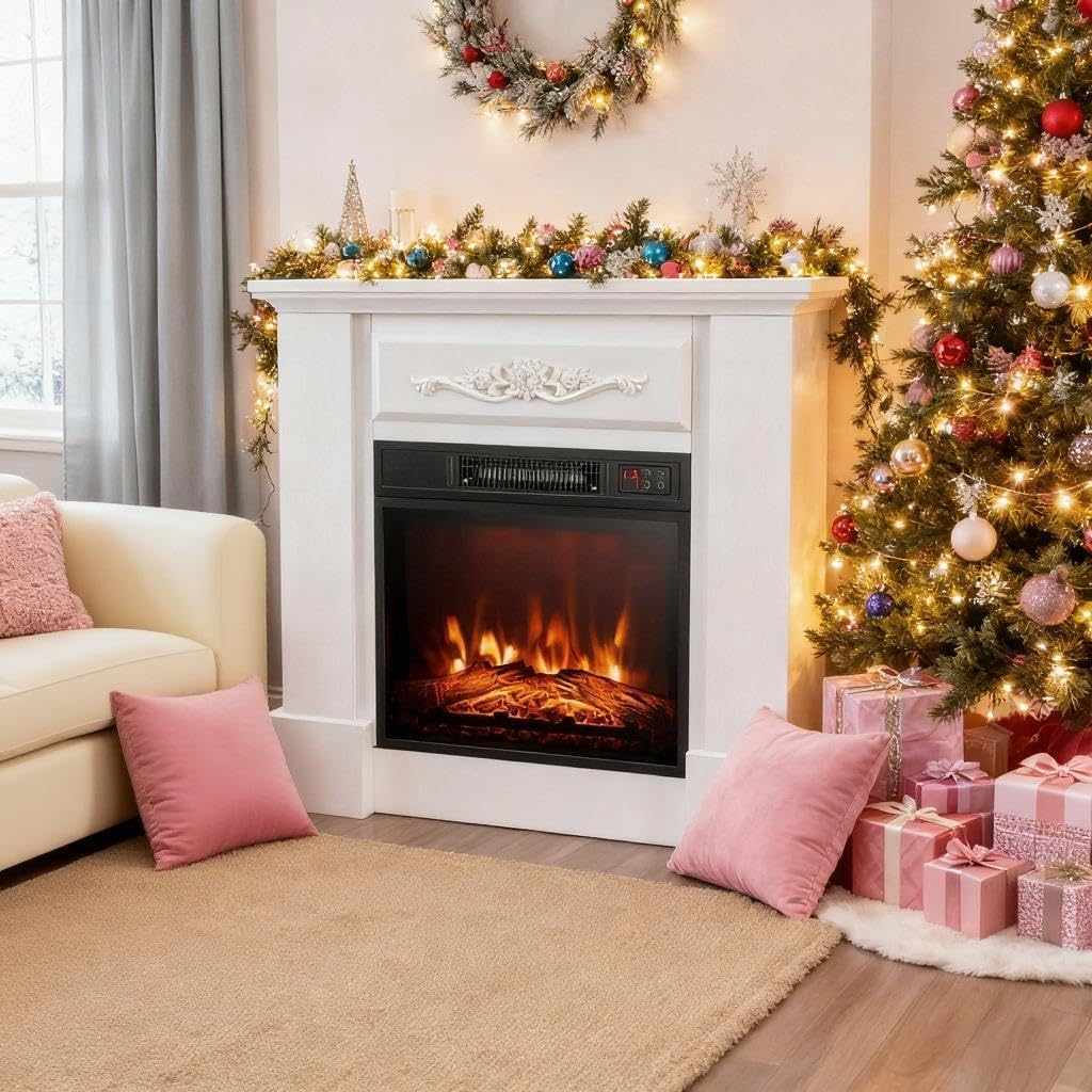 ORALNER 32” Electric Fireplace with Mantel, Package Wooden Firebox Surround Freestanding 18" Fireplace Insert Heater w/ 3 Flame Effects, Remote & 6H Timer, Overheat Protection, 1400W (White)