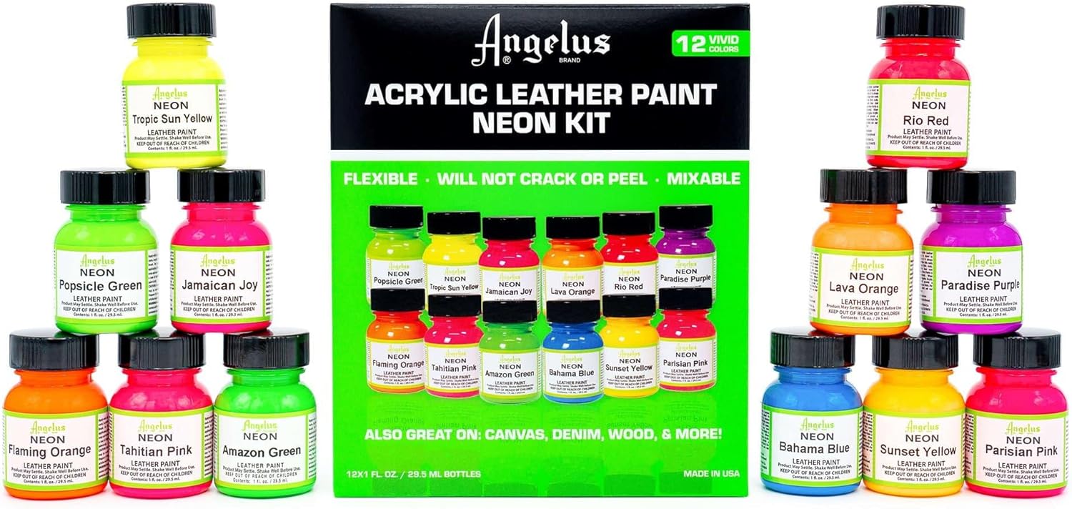 Angelus Leather Paint Set Of 12 Neons 1oz
