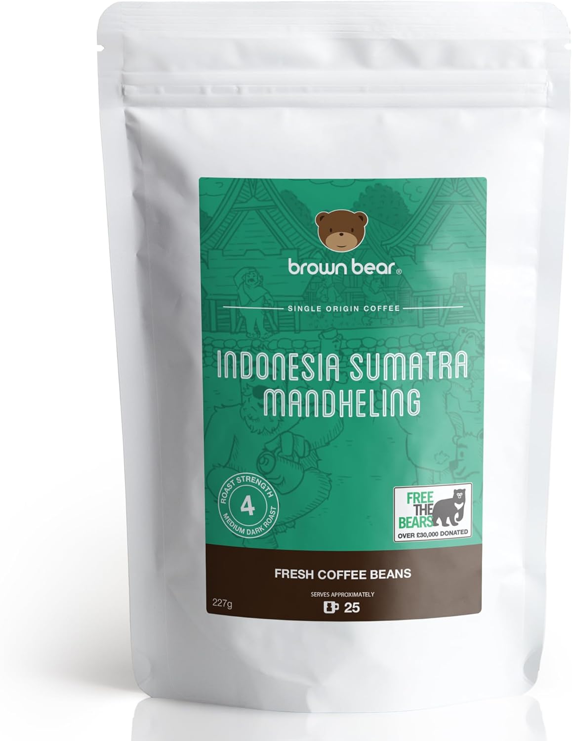 Indonesian Medium Dark Roast Strong Coffee Beans 227g – Brown Bear Indonesia Sumatra Mandheling – Strength 4 – For All Espresso Coffee Machines – Donation to Free The Bears