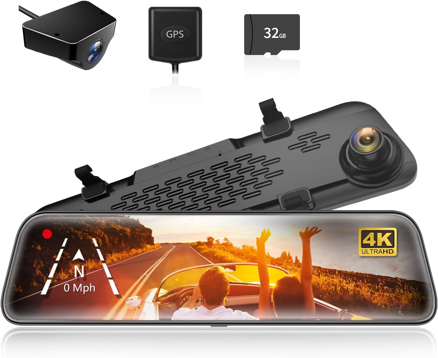 WOLFBOX G840S 12" 4K Mirror Dash Cam Backup Camera, 2160P Full HD Smart Rearview Mirror for Cars & Trucks, Front and Rear View Dual Cameras, Night Vision, Parking Assistance, Included 32GB Card & GPS