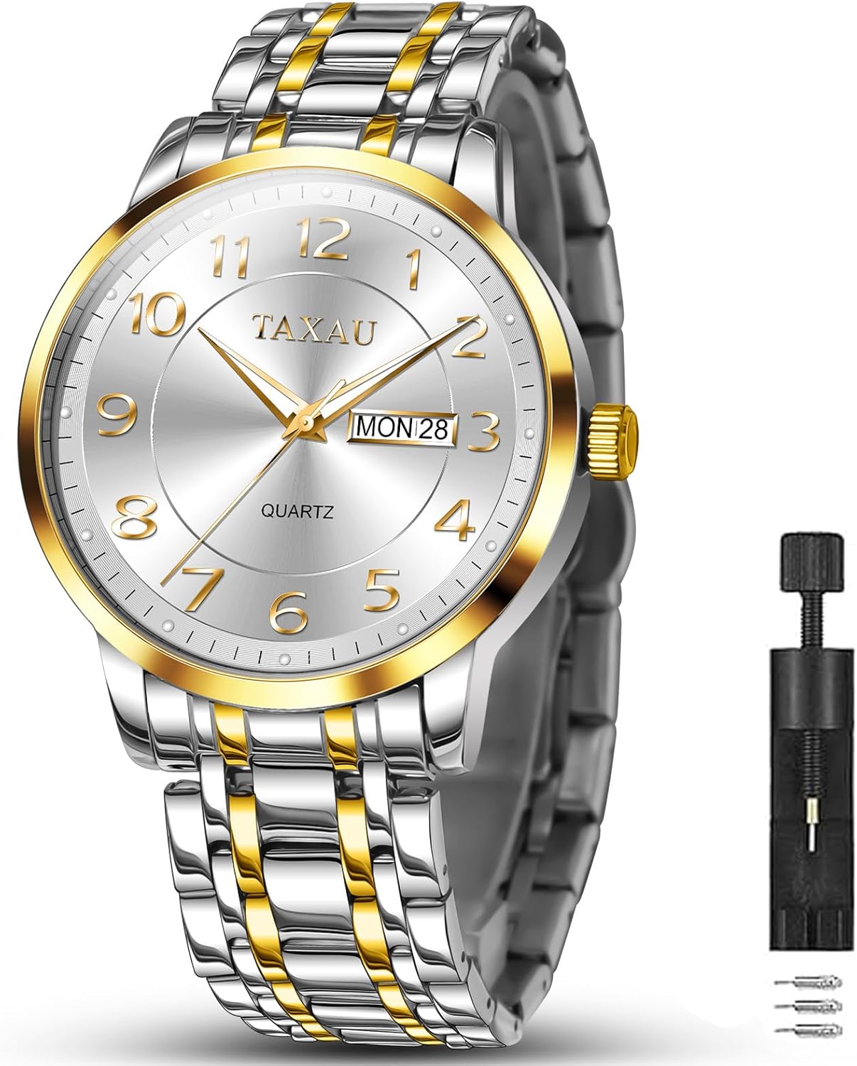Men's Silver Watch Large Face Luxury Dress Waterproof Watches for Men Analog Quartz Men Wrist Watches Stainless Steel Mens Watch with Day Date Luminous Roman Number Dial