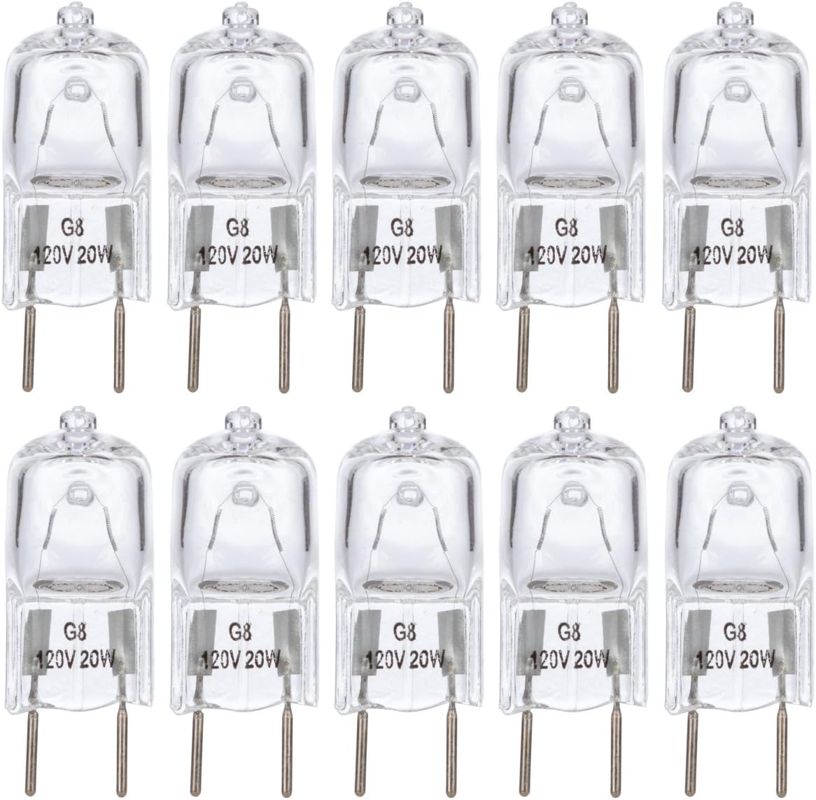 Simba Lighting Halogen Light Bulb G8 T4 20W JCD Bi-Pin (10 Pack) Shorter 1-3/8" (1.38") Length for Under Cabinet Puck Lights, Kitchen Hood, Landscape Lights, Desk Lamps 120V Dimmable, 2700K Warm White