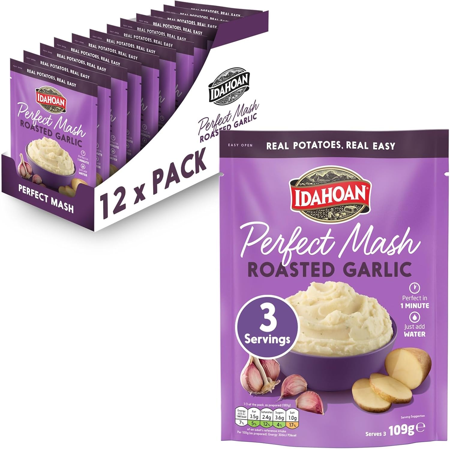 Idahoan Roasted Garlic Mash Potato - Gluten Free Vegetarian Mash Potatoes Cooks in 1 Minute Ready to Eat Food Roasted Garlic Bulk