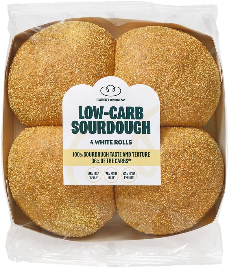 Robert Andrew Low Carb Sourdough White Rolls – 10.3g Carbs, 15.9g Protein, High Protein Low Calorie Rolls, Low Sugar Ketogenic Diet, Diabetic Food, 174 Calories – 4 x 60g