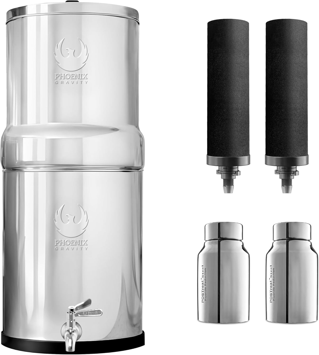 PHOENIX GRAVITY 8 Litre NSF Certified AISI 304 Stainless Steel Water Filter with 2 Smart Carbon (Black) Filters, 2 POSTreat Steel Fluoride Removal Elements, Free Water Tap (8 L)