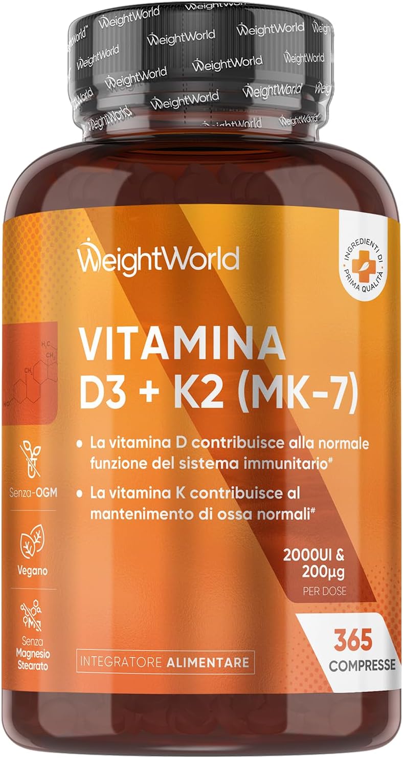 Vitamin D3 K2 Tablets | 365 Vegan Tablets | 1 Year Supply | 2000IU Vitamin D3 (Cholecalciferol) | 200mcg K2 (Menaquinone MK-7) | 1 per Day | Easy to Swallow, Gluten-Free & Lactose-Free