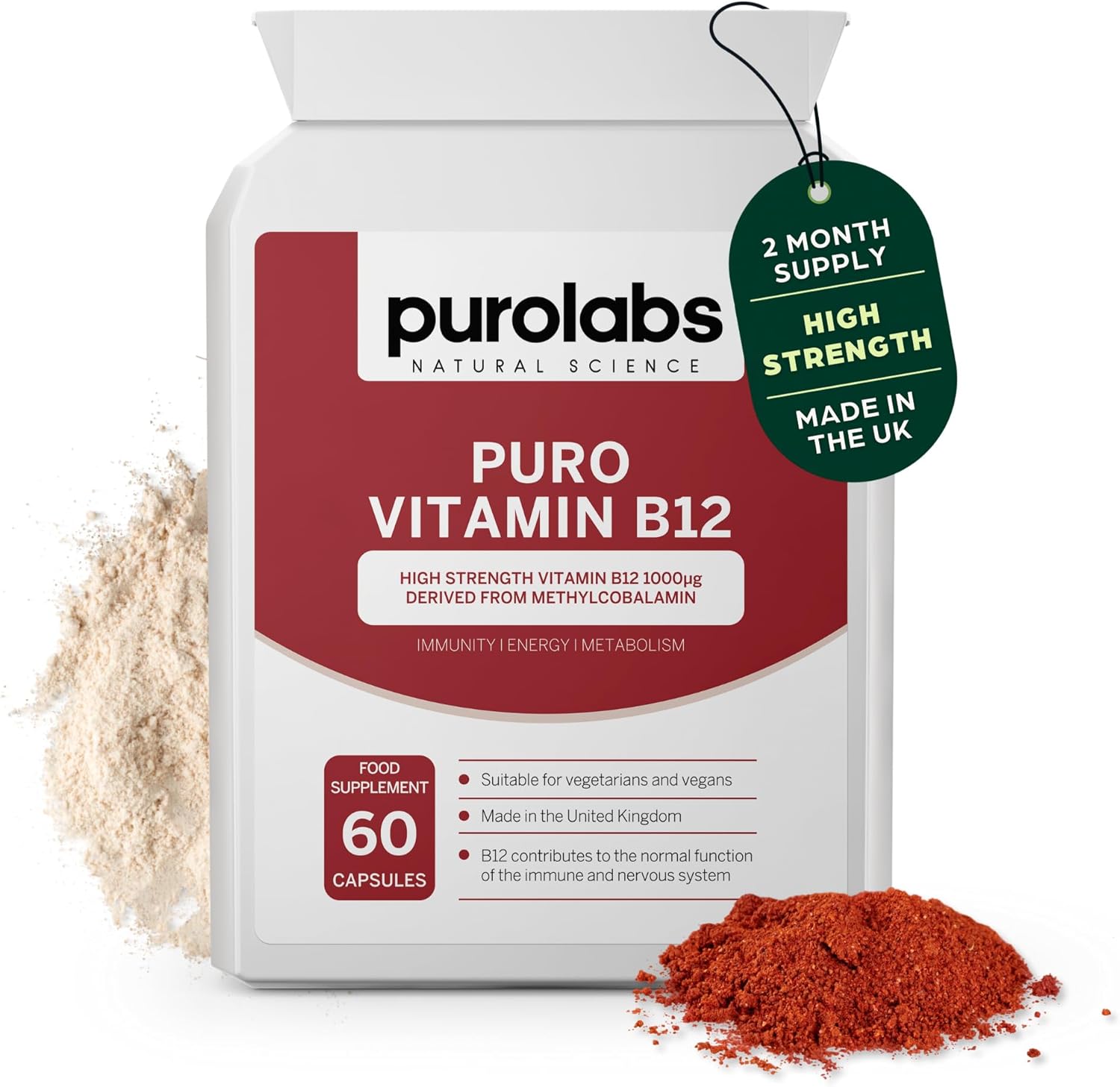 Purolabs Vitamin B12 Supplement 1000µg - High Strength Methylcobalamin - High Absorption - Energy & Immune Support - No Fillers - Vegan - 60 Capsules
