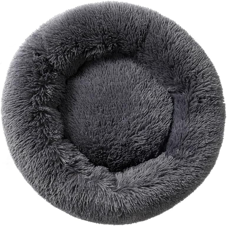 Plush Donut Dog Bed Calming Cat Beds Small Round Puppy Sofa, Dark Grey