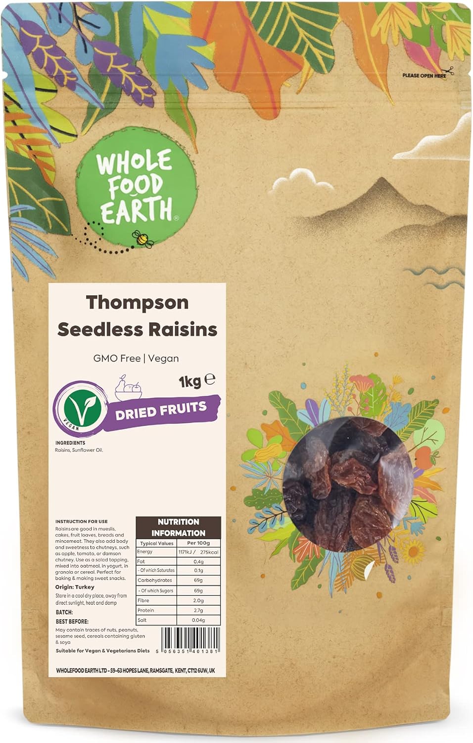 Wholefood Earth Thompson Seedless Raisins 1 kg | GMO Free