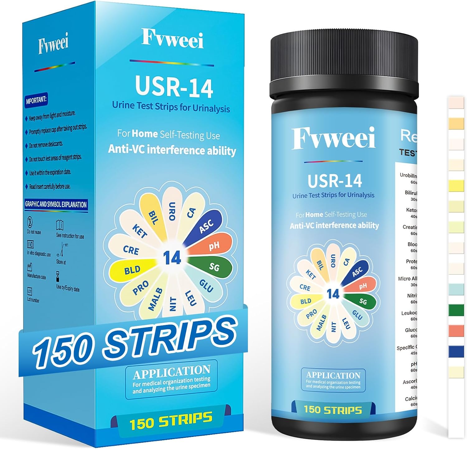 14 Parameters Urine Test Strips | 150 Strips | Detection for Liver & Kidney, UTI Test Strips, Comprehensive Urinalysis Test Strips for Men & Women at Home Use, Reliable Results in 60 sec.