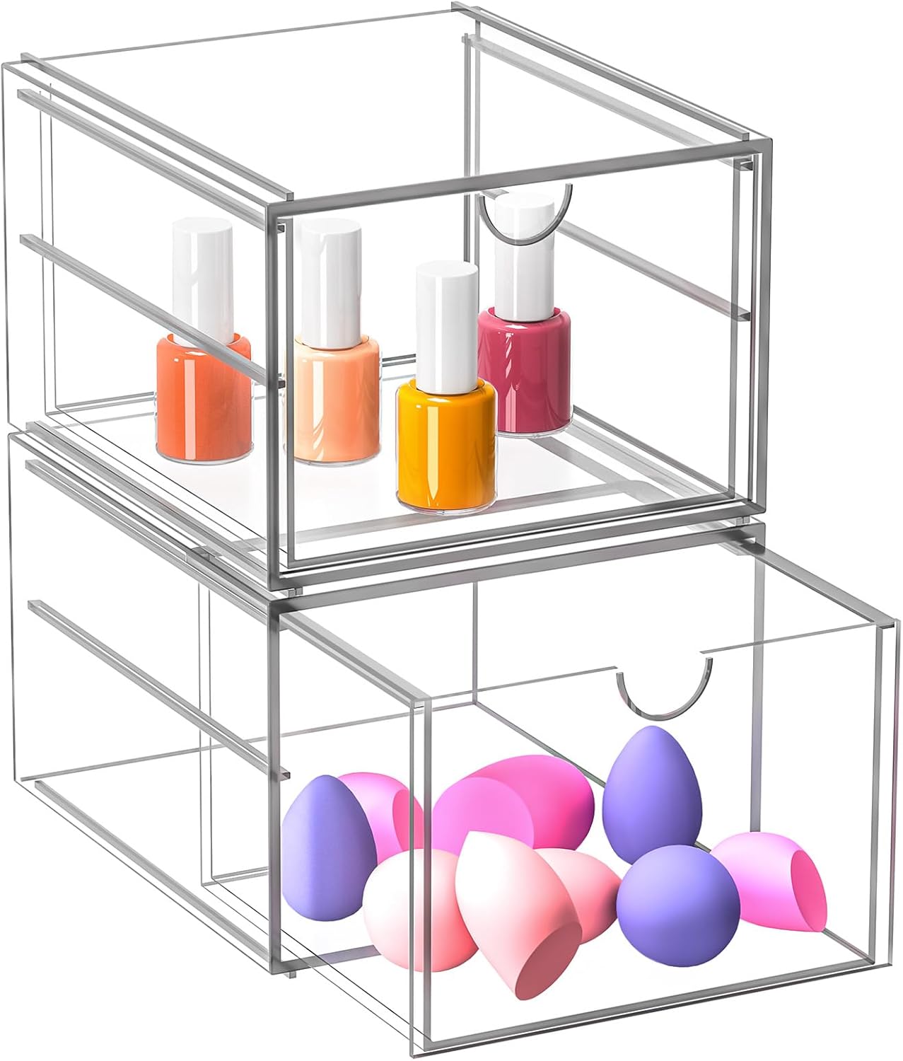 2 Pack Stackable Storage Drawers, Cosmetic Organizer, Acrylic Organiser,Desk Organisers, Dustproof Drawer Storage for Dresser, Bathroom