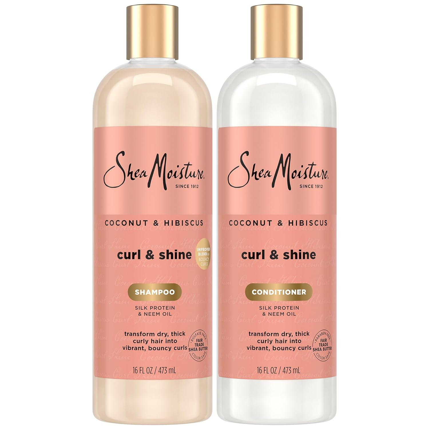 SheaMoisture Coconut & Hibiscus Curl & Shine Shampoo & Conditioner for Bouncy Curls, Frizz Control, 16 Oz Ea