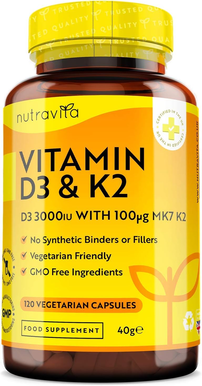 Vitamin D3 3000iu & K2 100ug (MK7) – 120 Vitamin D3 K2 Vegetarian Capsules – Supports Normal Bones, Muscles, Teeth and Immune System – Cholecalciferol & Menaquinone-7 – Made by Nutravita