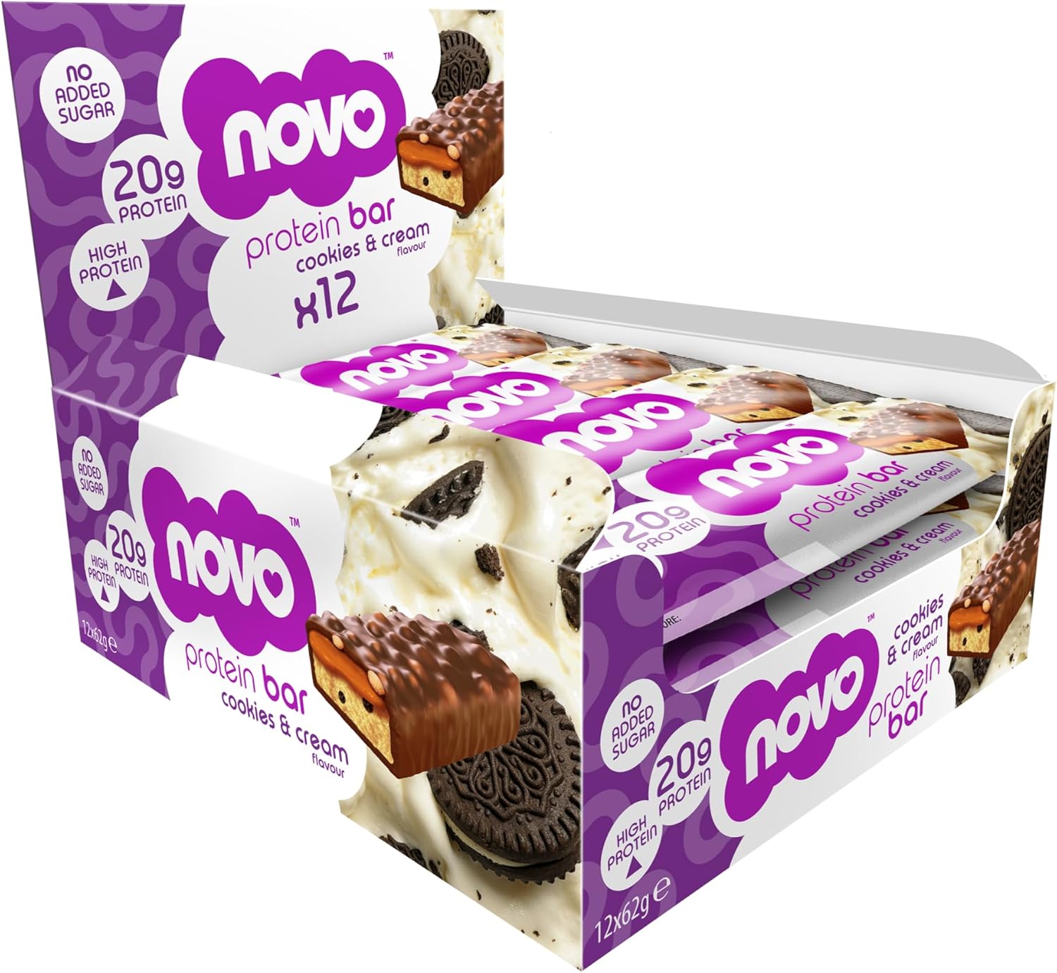 Novo Nutrition Protein Bars | 62g of Protein | Cookies & Cream Flavour | Healthy Snack with Added Protein, No Added Sugar and Real Milk Chocolate | Suitable for Vegetarians | Pack of 12