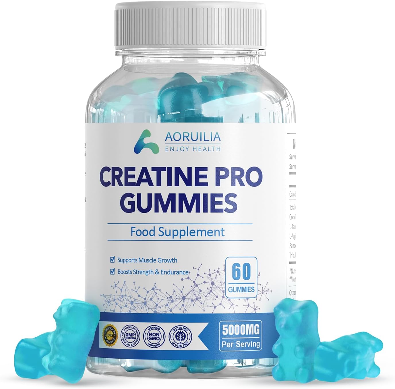 Aoruilia Creatine Gummies for Men & Women 5000mg 60 Chewable Creatine Monohydrate Gummies for Muscle Strength & Growth Sugar Free Pre-Workout Supplementm Vegans Gym (Blueberry Flavour)