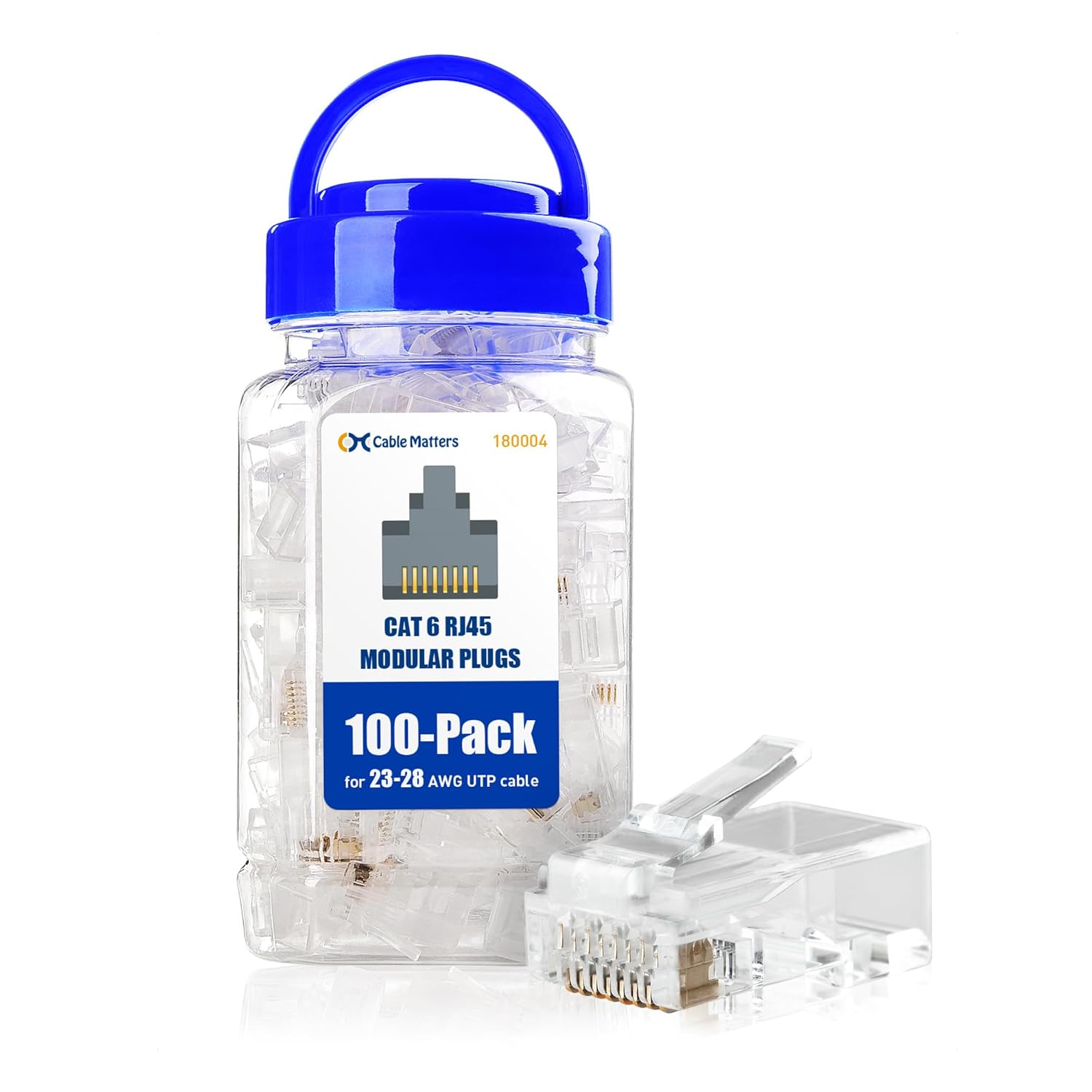 Cable Matters 100-Pack CAT6 RJ45 Modular Plugs (RJ45 Connector, Cat 6 Ends, Cat 6 Ethernet Connector, Ethernet Plugs), for Solid or Stranded UTP Cable