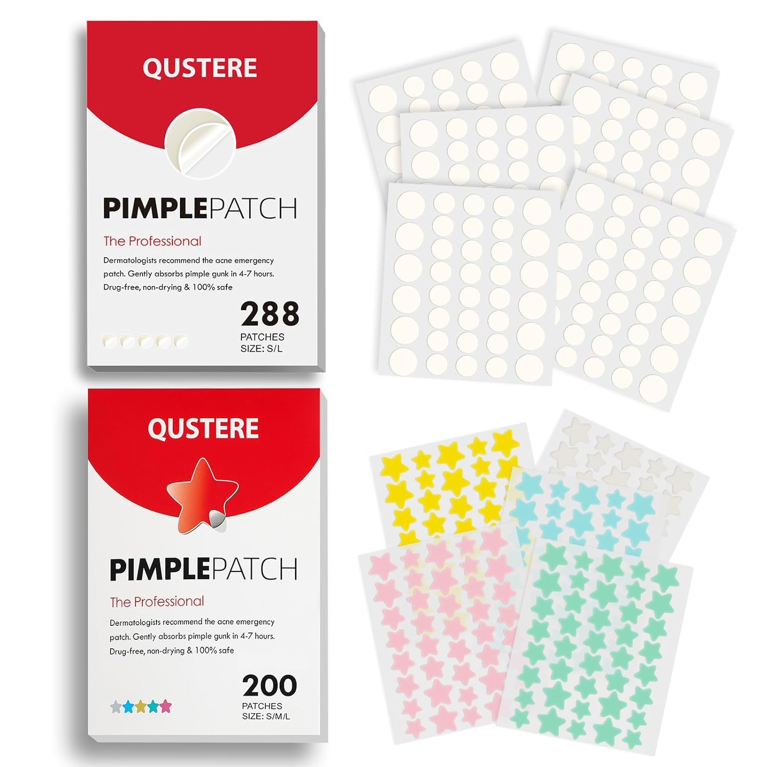 Pimple Patches for Face, Acne Patches, Zit Patches Spot Stickers with Tea Tree, Salicylic Acid & Cica Oil| Hydrocolloid Pimple Patches 288 Count & Star Pimple Patches 200 Count
