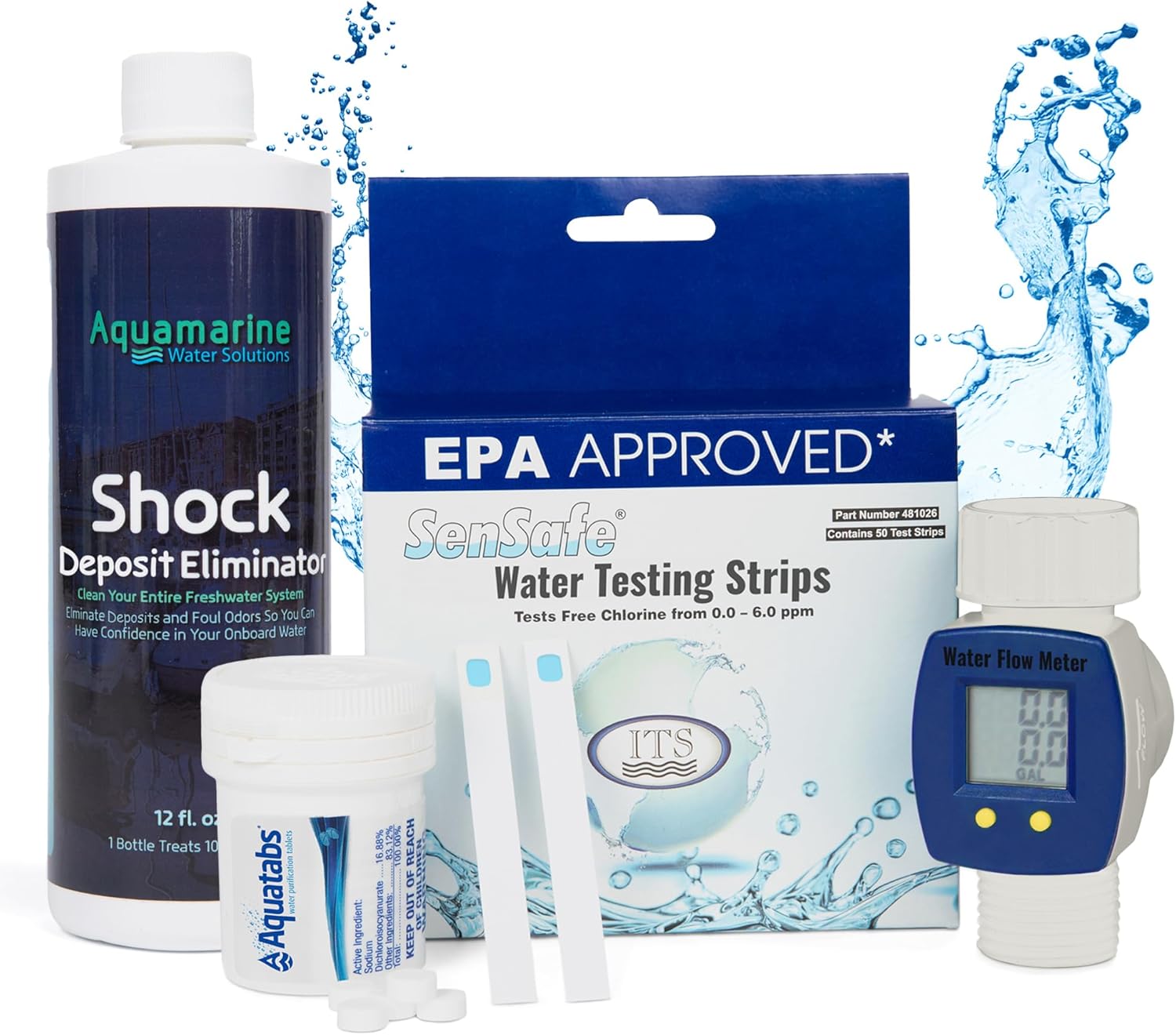 Aquatabs Drinking Water Purification Bundle - 100 Tablets + Shock Water Tank Deep Cleaner + 50 Chlorine Test Strips + Flow Meter - Boat, RV & Household Freshwater Systems by Aquamarine Water Solutions