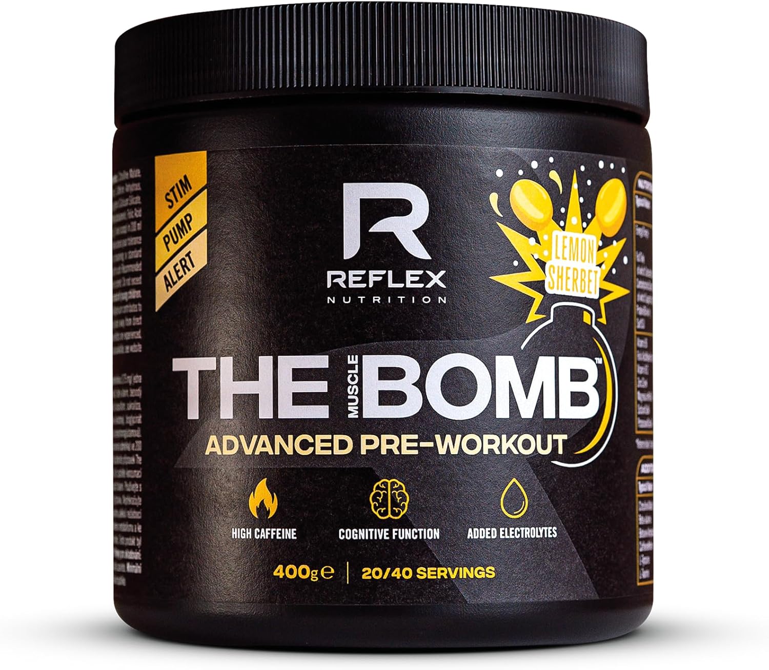 Reflex Nutrition The Muscle Bomb Caffeine Pre Workout Powder - 350mg Caffeine, 9g Citrulline Malate, 2.5g Beta Alanine - Energy, Pump & Focus for Explosive Workouts (Sherbet Lemon, 400g, 20 Servings)