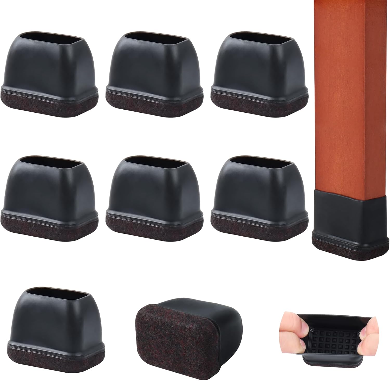8PCS Rectangle Chair Leg Floor Protectors with Felt, Small Silicone Chair Leg Caps for Hardwood Floors, Black Outdoor Patio Flooring Protectors, Anti-Scratch, Fit Length 1.3"-1.7", Width 0.6"-0.9"