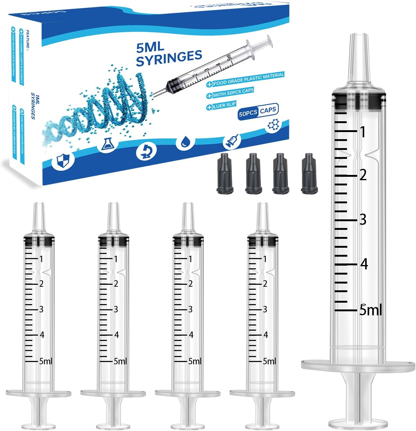 50Pcs 5ml Syringes With Caps for Refilling and Measuring Liquids, Scientific Labs, Plant Watering, Pet Feeding