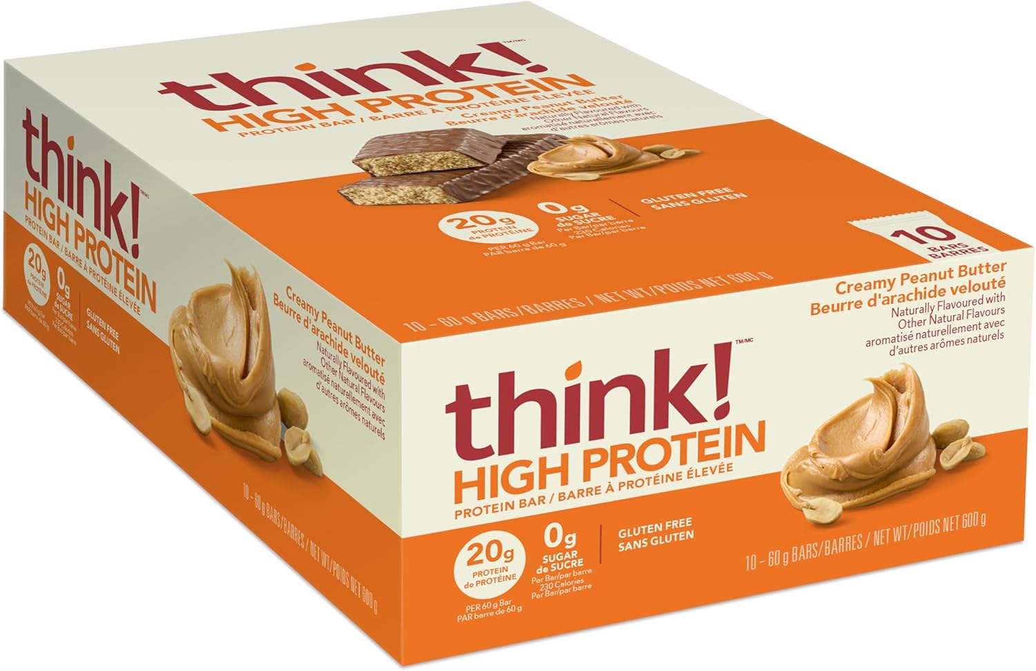 think! Protein Bars, High Protein Snacks, Gluten Free, Sugar Free Energy Bar with Whey Protein Isolate, Creamy Peanut Butter, Nutrition Bars without Artificial Sweeteners, 2.1 Oz (10 Count)