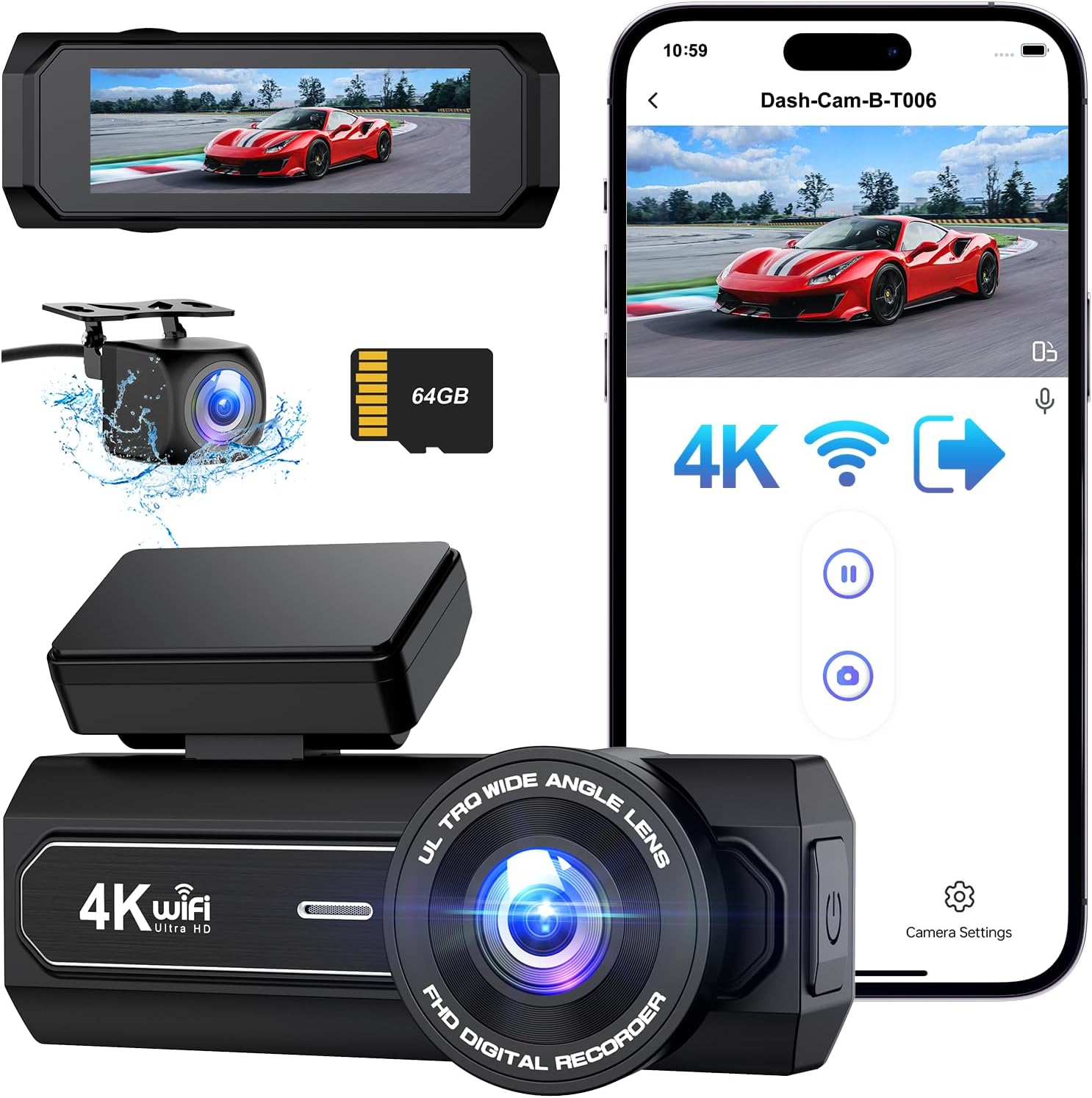 DYNACAM Dash Cam 4K+1080P, WiFi Dash Cam Front and Rear, Car on-dash mounted cameras with Free 64GB Card, 2.99 IPS, 24/7 Parking Monitor, Dashboard Camera with Night Vision, G-Sensor, WDR, APP